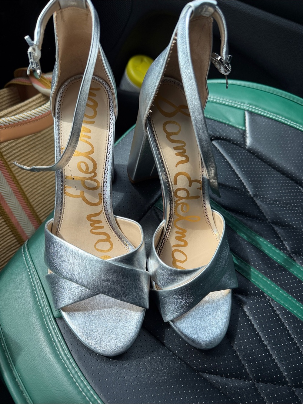 Sam Edelman Silver Cross-Strap Block Heel Sandals 10